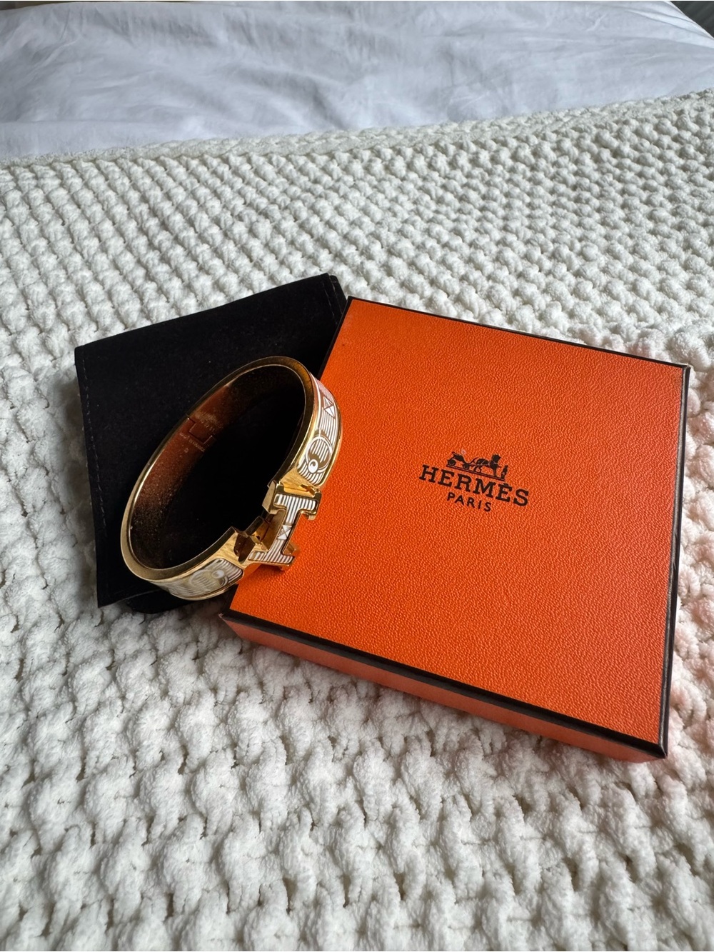 Hermes Gold and White Enamel H Bracelet